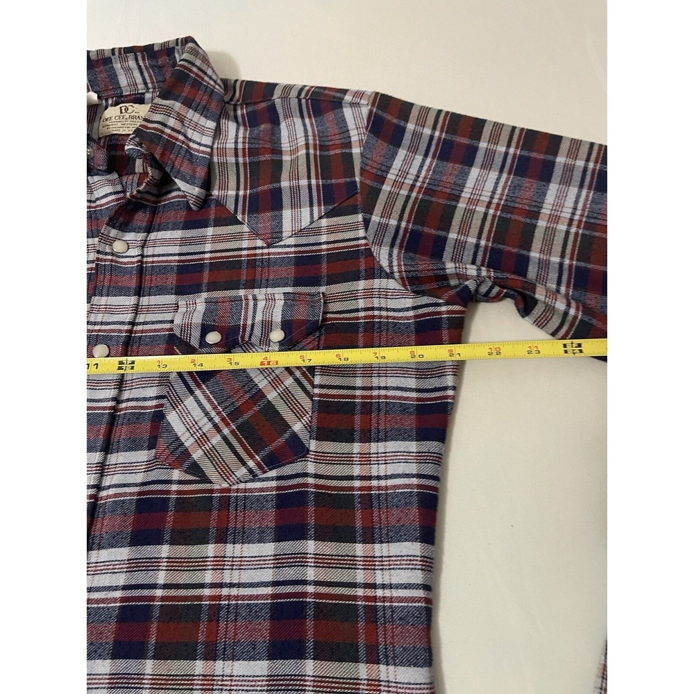 Dee Cee Vintage 80s Red Blue Plaid Pearl Snap Western Raw Hem Shirt 15 1/2 - 35 - Picture 7 of 8